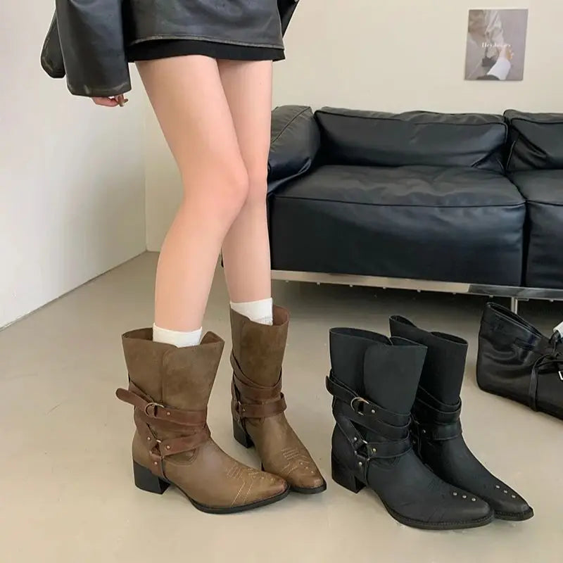 Black Chunky Heels Ankle Boots Woman Pointed Toe Rivet Fall Shoes Belt Buckle Western Style Cowboy Boots Zapatos Mujer