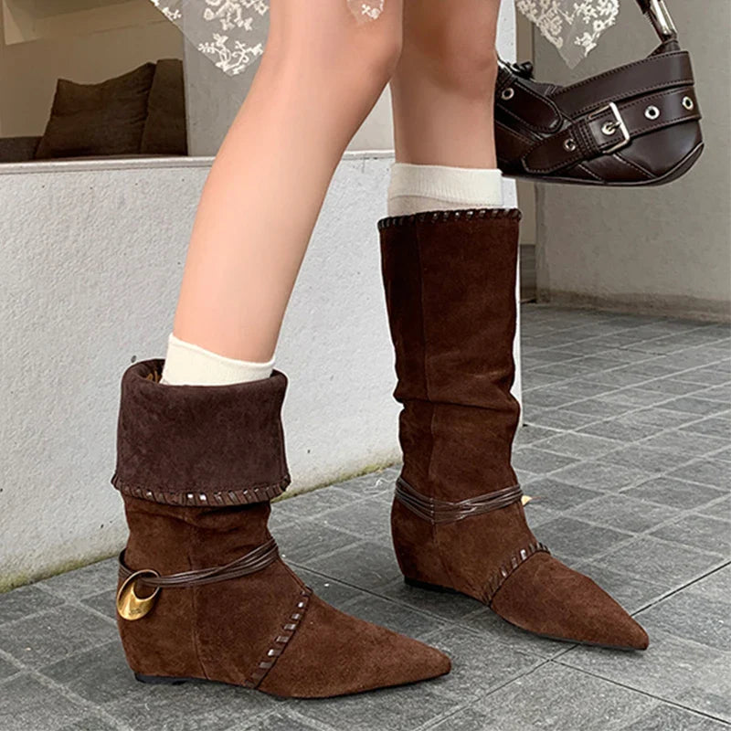 Mid Calf Boots Pointed Toe Flats Shoes Chelsea Boots Casual Walking Suede Zapatos Goth Mujer Botas