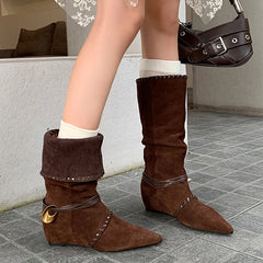 Mid Calf Boots Pointed Toe Flats Shoes Chelsea Boots Casual Walking Suede Zapatos Goth Mujer Botas