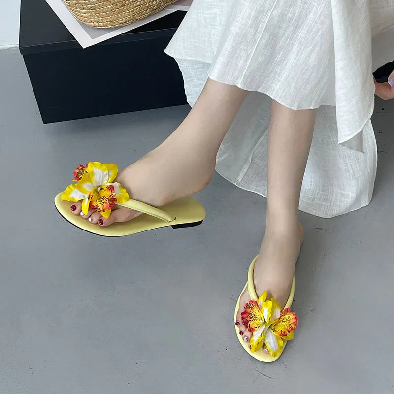 Pink Flower Flats Slippers Beach Round Toe Flip flops Flats Slippers Slides Sandals Shoes
