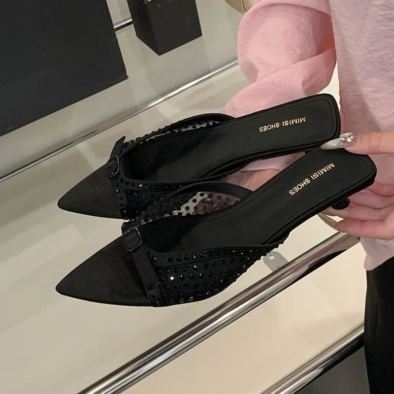 Pointed Toe Footwear Heeled Slippers Slides Shoes Rhinestones Low Heel Sandals Shoes