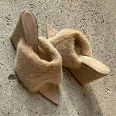 Plush Slippers French Pointed Open-toed Fluffy Slippers Home Outdoors Wedge Shoes Heels Highquality