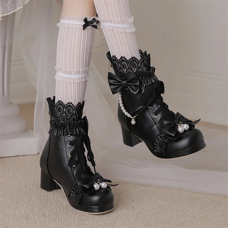 Lolita Ankle Short Boots Round Toe Kawaii Thick Mid Heels Zipper Bead Bow Lace-up Lady Cosplay Shoes