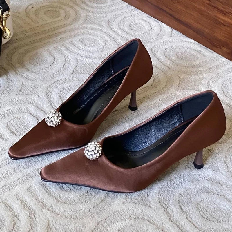 Silk Rhinestone High Heels Pointed Toe Pumps Elegant Office Shoes Shallow Brand Banquet
