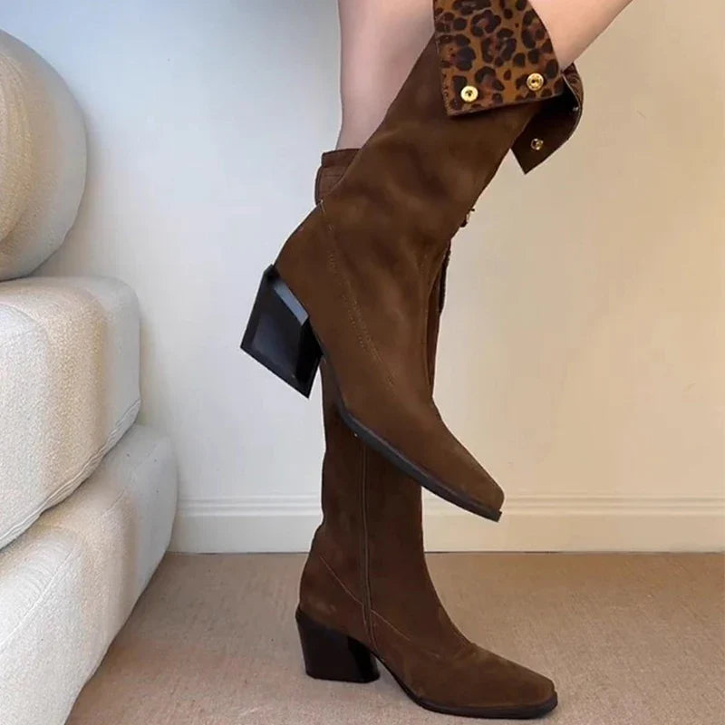 Leopard Knee High Boots High Heels Shoes Warm Long Boots Suede Pumps Chunky Chelsea Boots Snow Botas