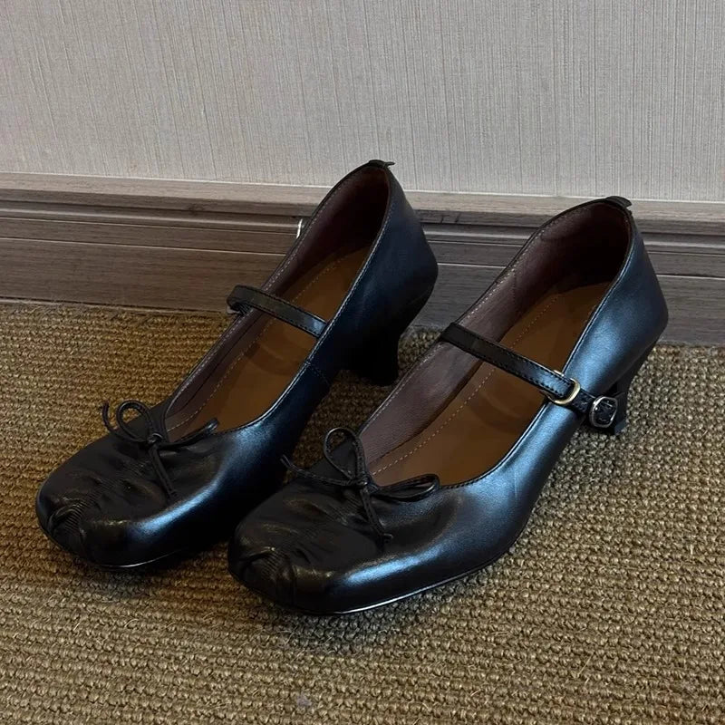 Pleated Square Toe Chunky Heel Mary Jane Shoes Bowknot Design Elegant Heels