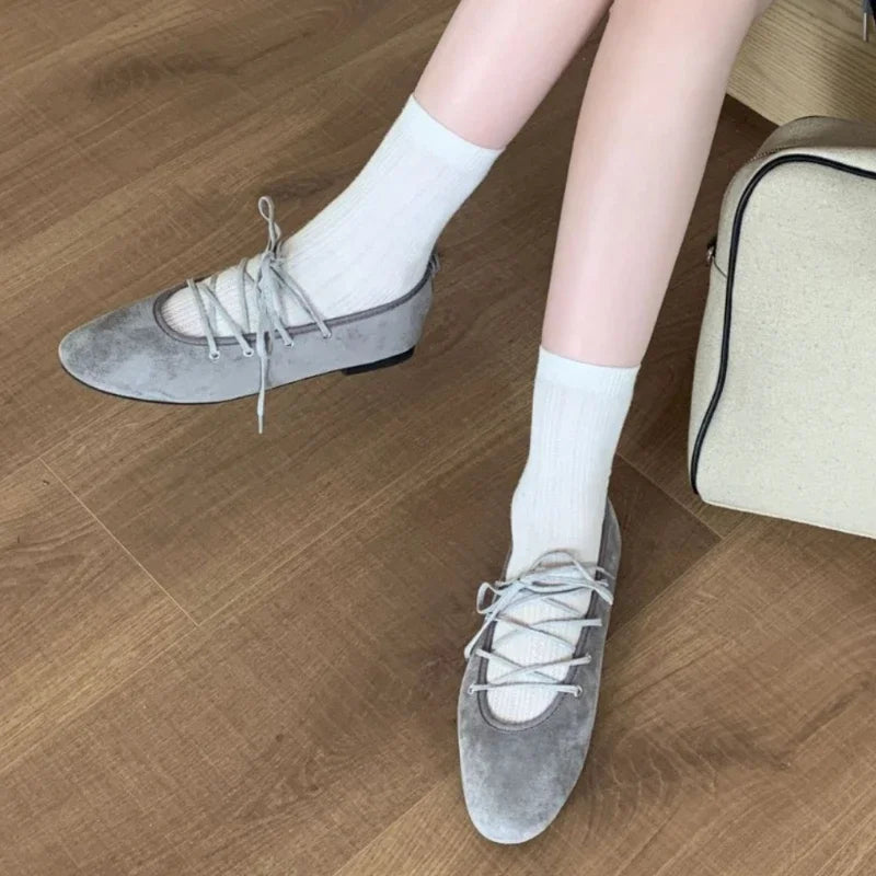 Cross Tied Round Toe Flat Shoes Retro Comfort Shallow Ballet Style Elegant Mary Jane Shoes