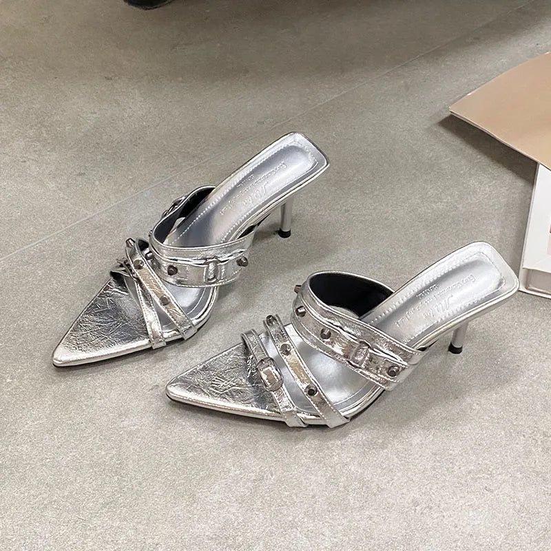 Pointed Toe Heels Pumps Slides Shoes In Slip Rivet High Heels Shoes