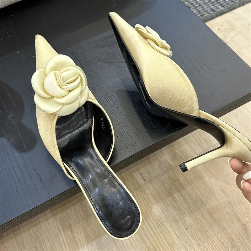 Flower Pointed Toe Shallow Thin High Heels Shoes Slide Mule Slippers