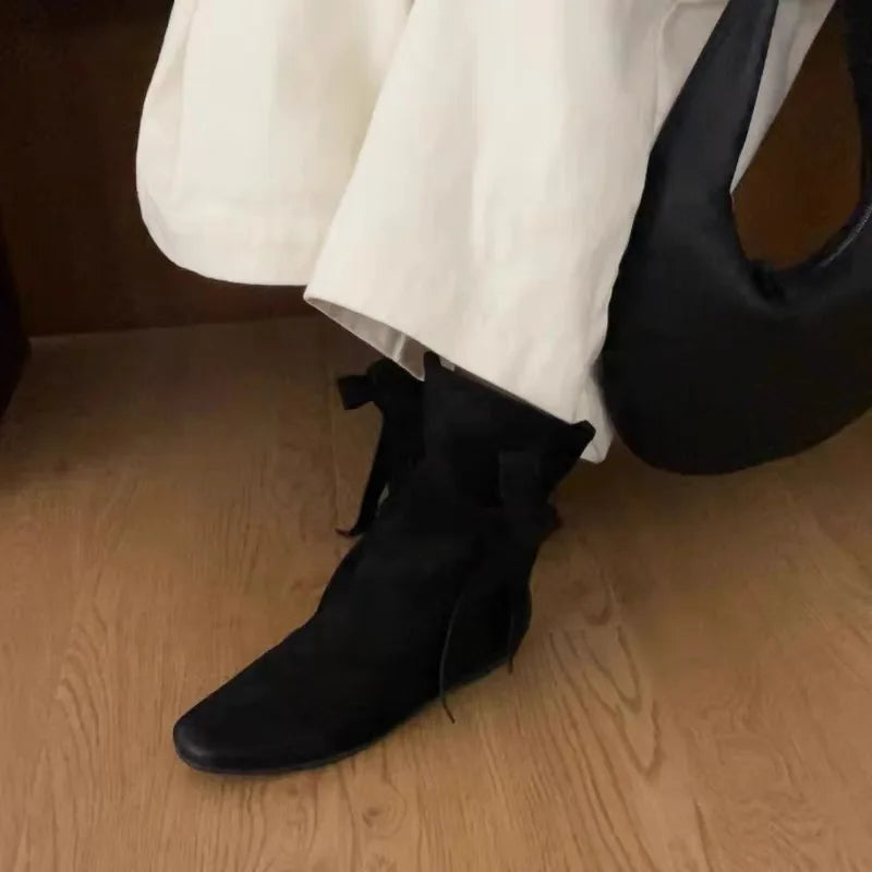 Genuine Leather Butterfly Knot Wrapped Strap Short Ankle Boots Polished Color Distressed Flat Bottomed Bare Shoes