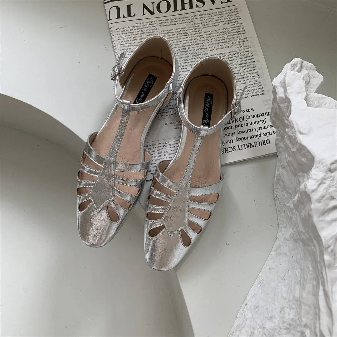 T-strap Rome Flat Sandals Hollow Out Vintage Mary Janes Shoes Pu Leather Holiday Elegant Gladiator Sandals