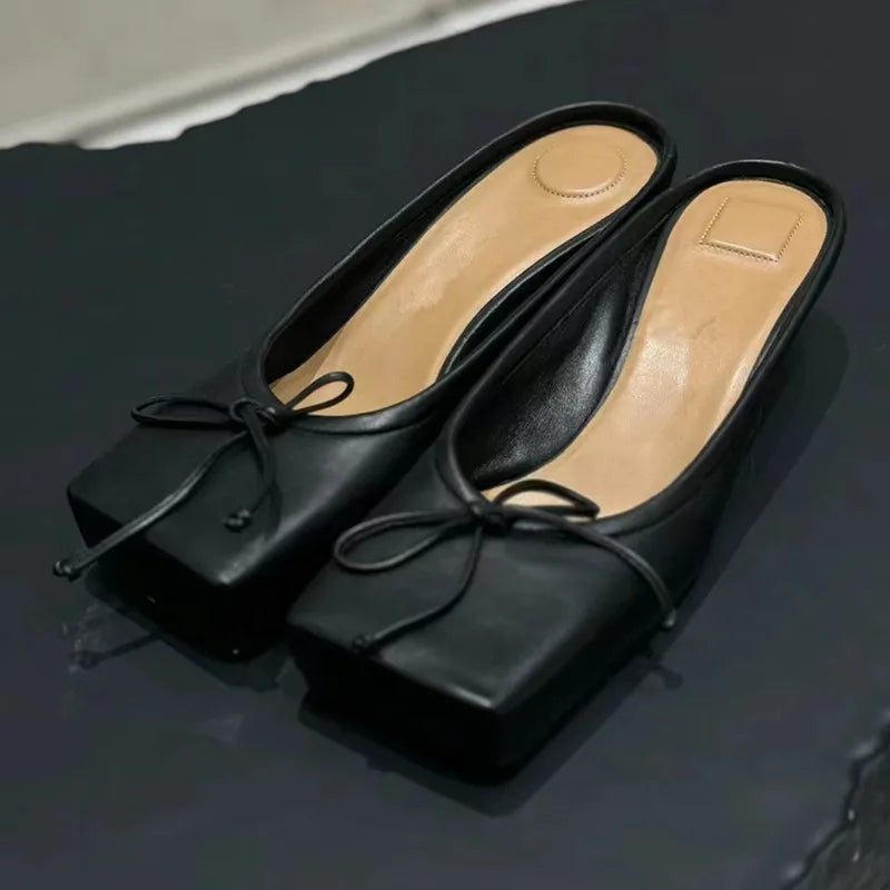 Brand Mule Pumps Slippers Bow Square Toe Party Red Elegant High Heels Sandals