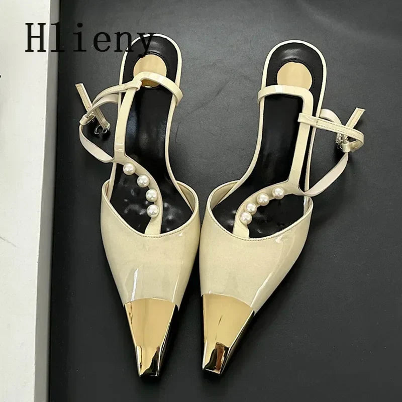 Metal Pointed Toe Stiletto Sandal Pearls Strap Buckle High Heels Party Prom Shoes