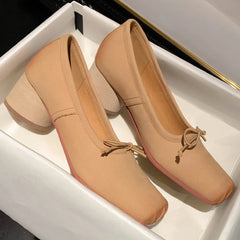 genuine leather 4.5cm thick med heel pleated square toe slip-on pumps sweet bowtie korean style heeled shoes sale
