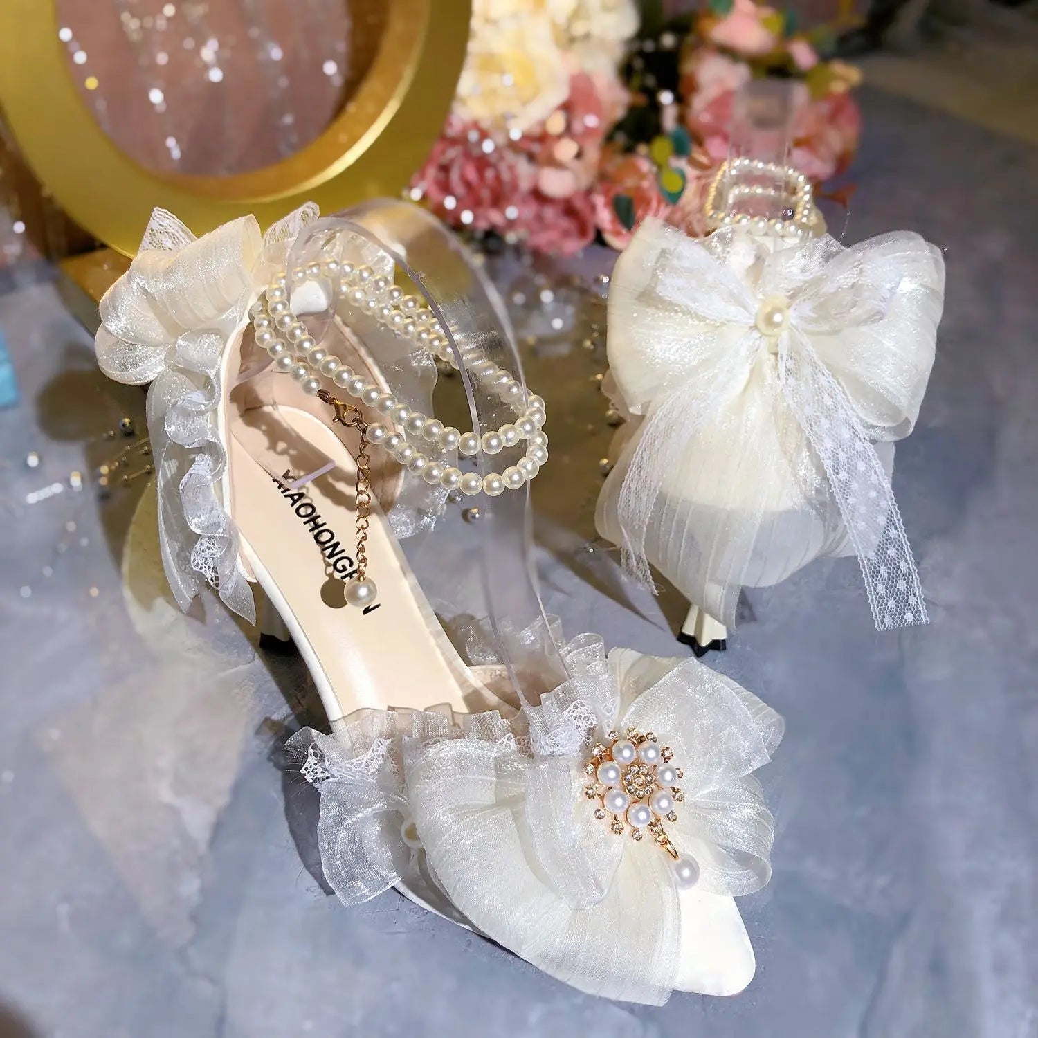 Elegants White Lolita Mary Jane Shoes Woman Pearl Lolita Sandals Sling Back Heels