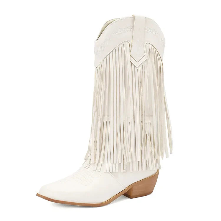 Fringe Western Boots Pink Sweet Embroidered Boots Brown Tassels Block Medium Heels Shoes Plus Size 48 Lady