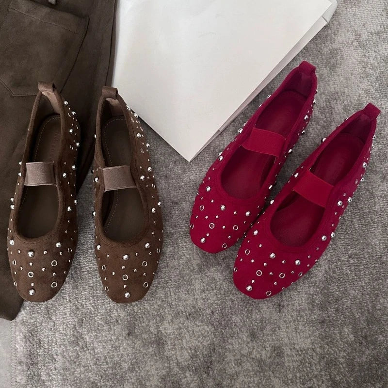 Retro Rivet Ballet Flats Suede Round Toe Mary Jane Shoes Comfort Shallow Flats Shoes Zapatos De Mujer