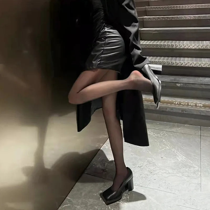 Pumps Square Toe Chunky Heel High Heels Black Soft Leather Elegant Evening