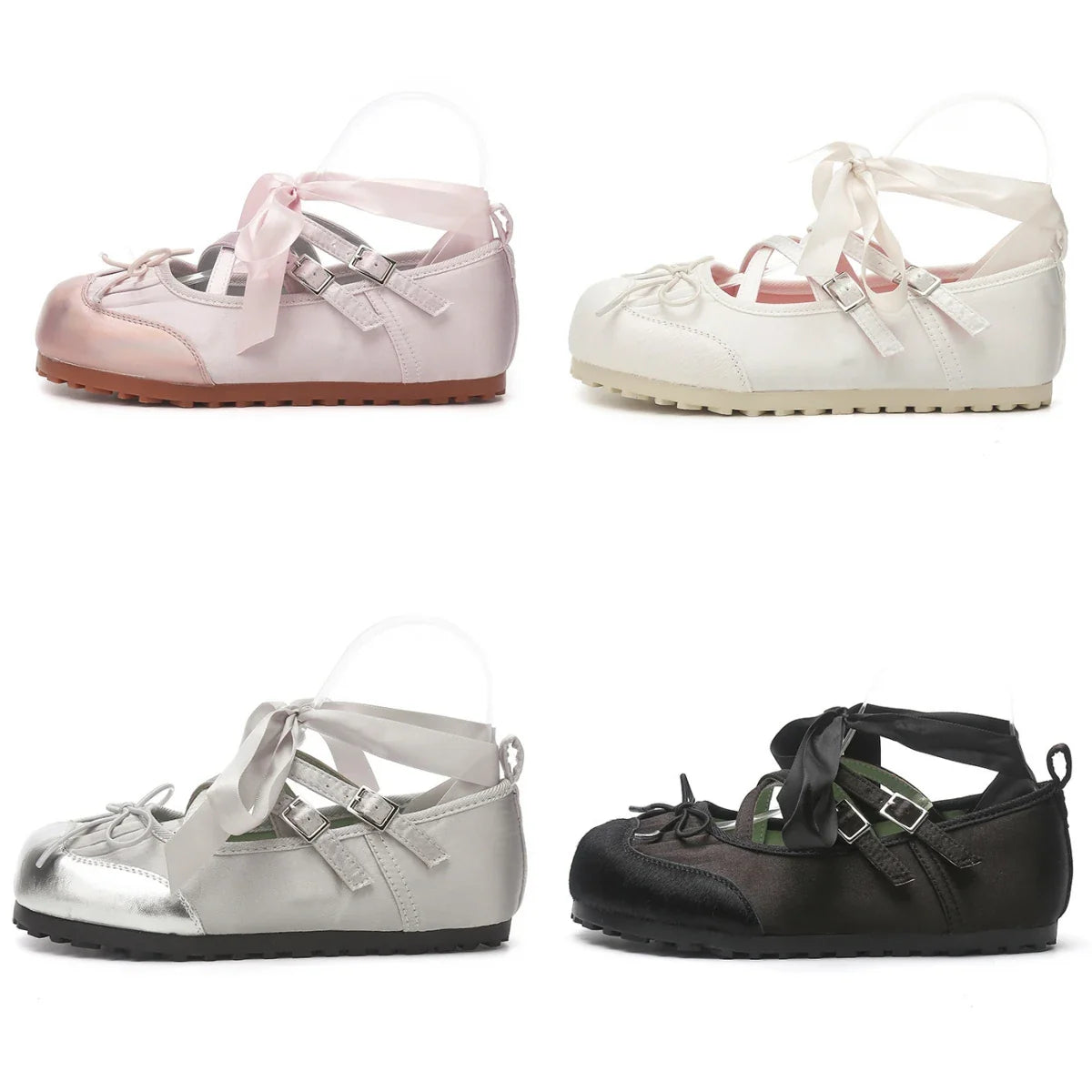 Ballet Flats Round Toe Lace Up Black Pink White Bow Shoes Sandals Ballerinas Mary Jane Shoes