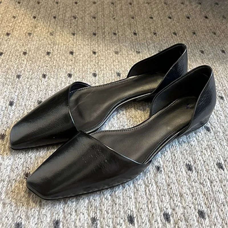 High Quality Retro Leather Flats Shoes Oblique Square Toe Hollow Mules Sandals Cozy Ballet Flats Loafers