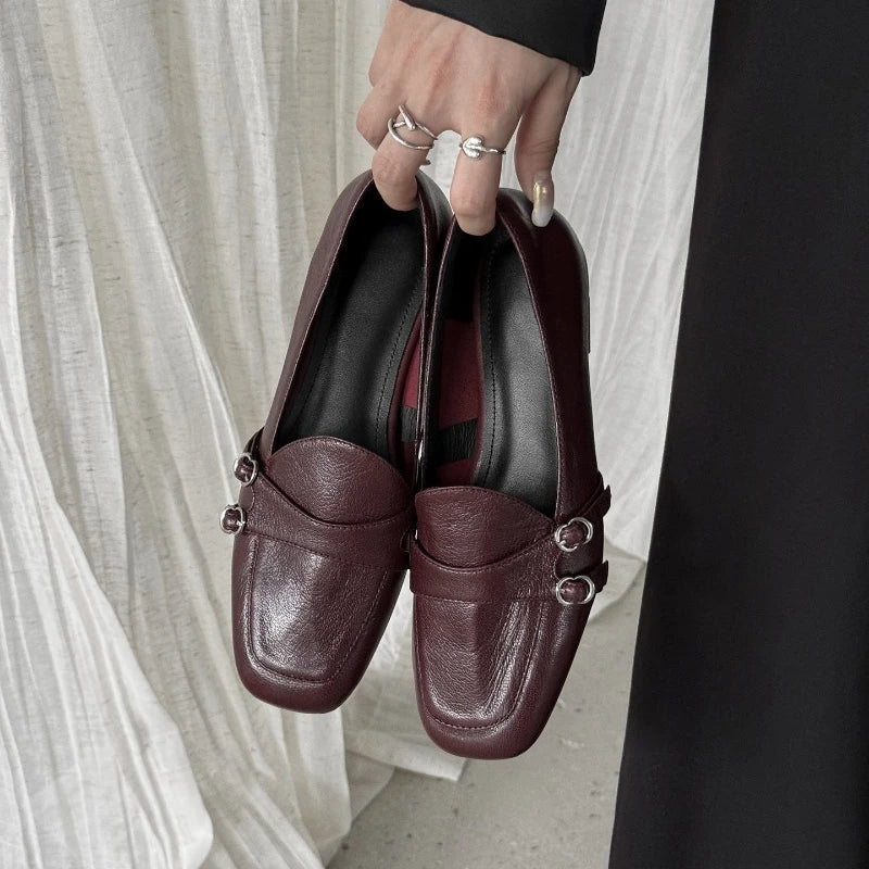 Elegant Burgundy Square Toe Loafers Metal Buckle Stitching Shoes Comfortable Commuting Flat Office Shoes