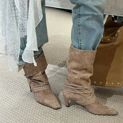 Faux Suede Weave Lace-up Motorcycle Boots High heels Chelsea Western Mid-Calf Short Booties Shoes