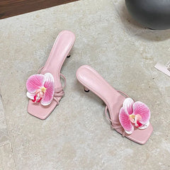 Slip Square Toe High Heels Pumps Slides Shoes Flower Thin Heels Shoes 2025