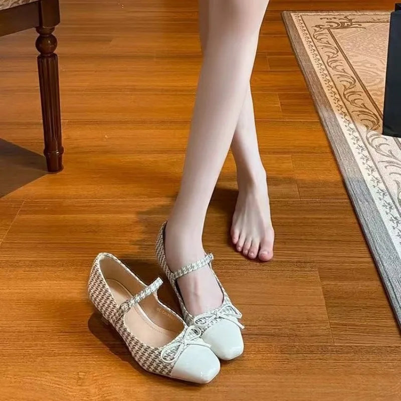 Shoes Woman Mixed Colors Bow-Knot Casual Square Toe Buckle Moccasin