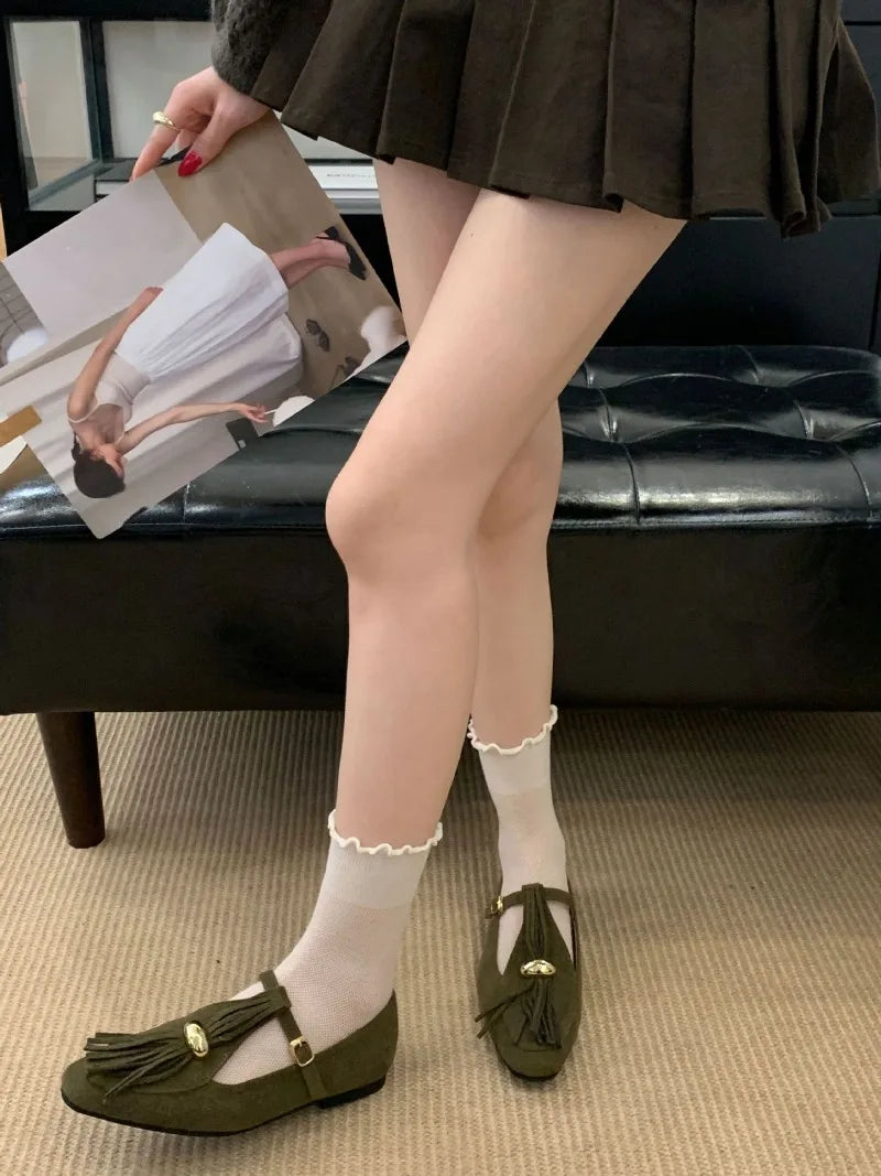 Metal Decoration Tassel Design Flats Comfortable Faux Suede Soft Sole Loafers Retro T Strap Buckle Mary Jane Shoes