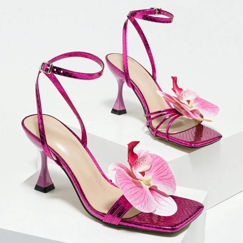 Flowers Square Toe Open Toe High Heel Brand Design Narrow Band Party Thin High Sandals Stripper Shoes