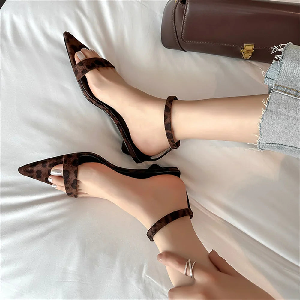 Leopard Sandals Leather Kitten High Heels Pointed Toe Party Wedding Shoes Woman Buckles Prom Pumps