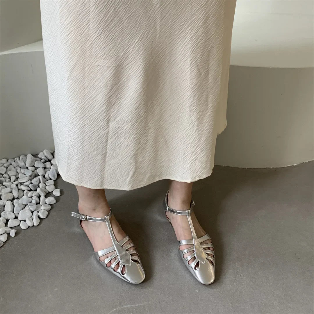 T-strap Rome Flat Sandals Hollow Out Vintage Mary Janes Shoes Pu Leather Holiday Elegant Gladiator Sandals