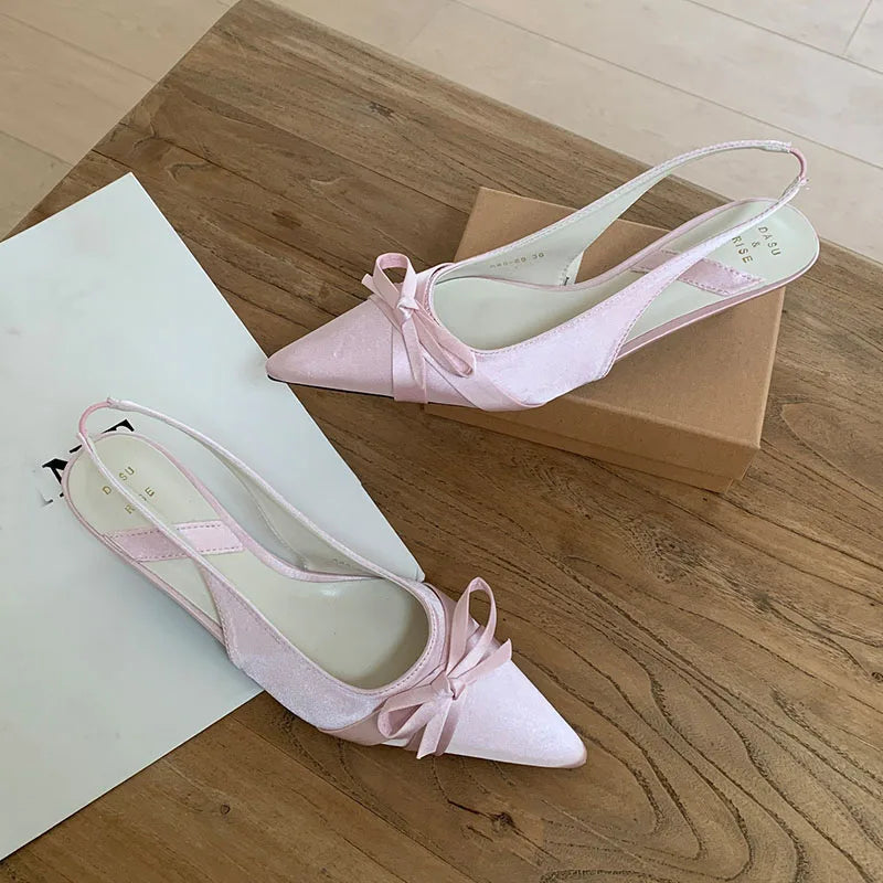 Butterfly-Knot Medium Heels Pumps Shoes Slingbacks Footwear Shallow Thin Heels Shoes Sandals