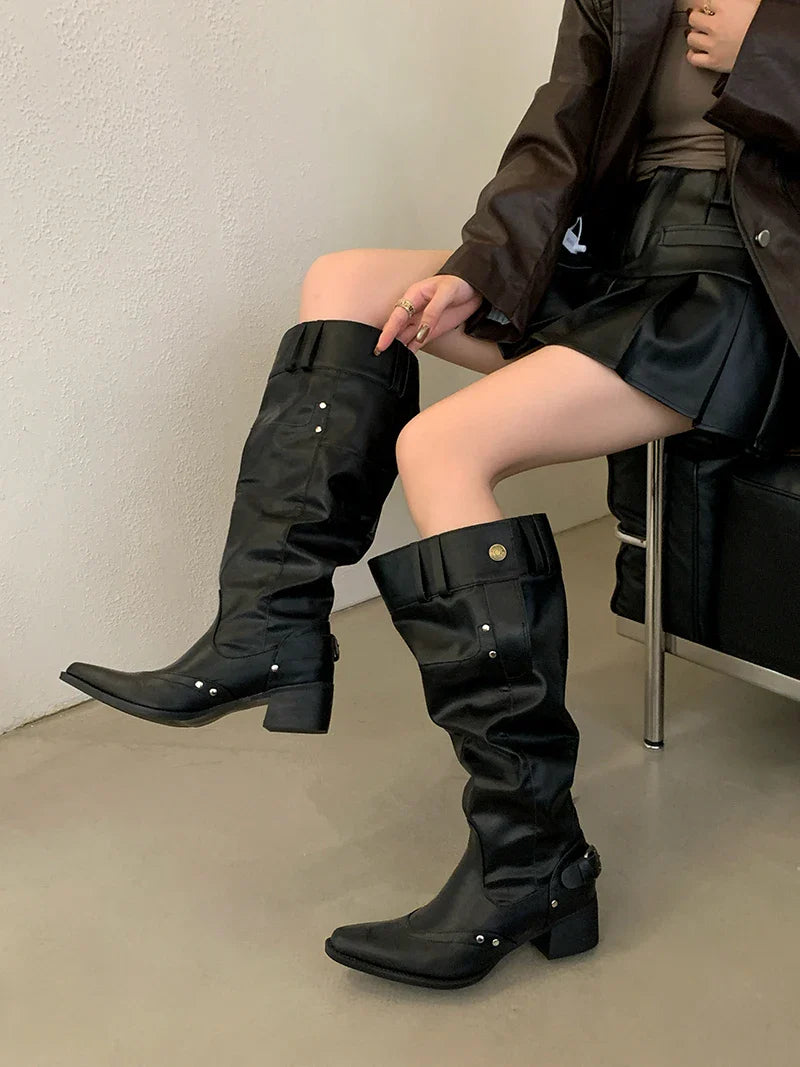 Black Boot Knee High Long Shoes Woman Pointed Toe Chunky Heels White Boots Belt Buckle Rivet Wide-Leg Shoe