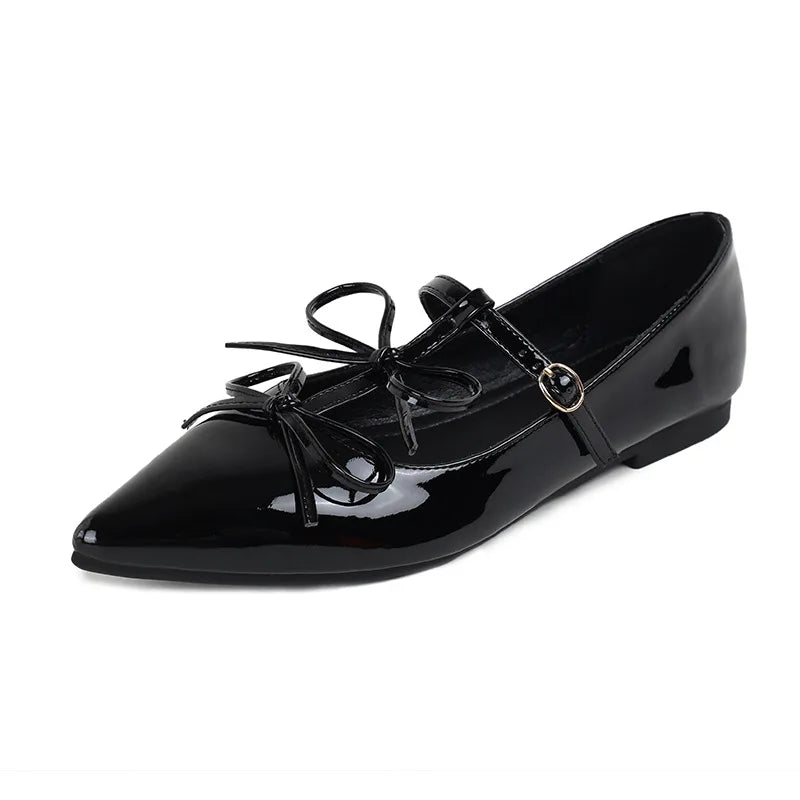 T-strap flats double bowtie ankle strap party shoes woman pointed toe cutout mary janes japanned leather loafers