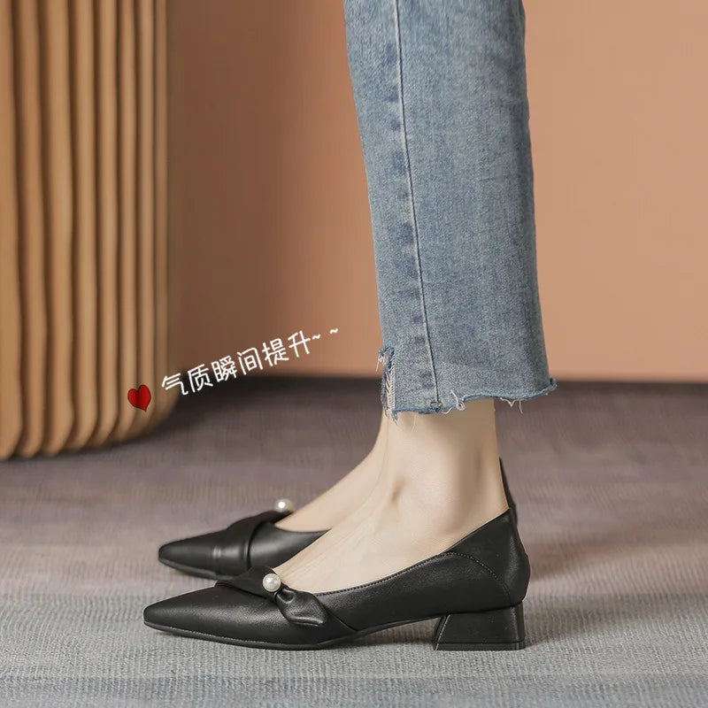 leather bow band flat shoes woman pointed toe pearl decoration slip on loafers two wears pleated ballet flats