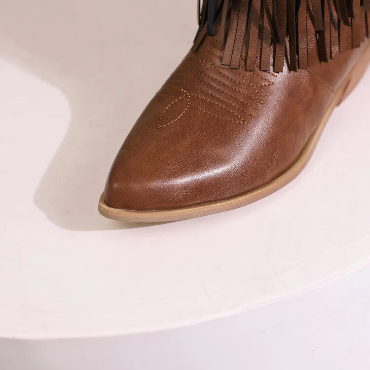 Fringe Western Boots Pink Sweet Embroidered Boots Brown Tassels Block Medium Heels Shoes Plus Size 48 Lady