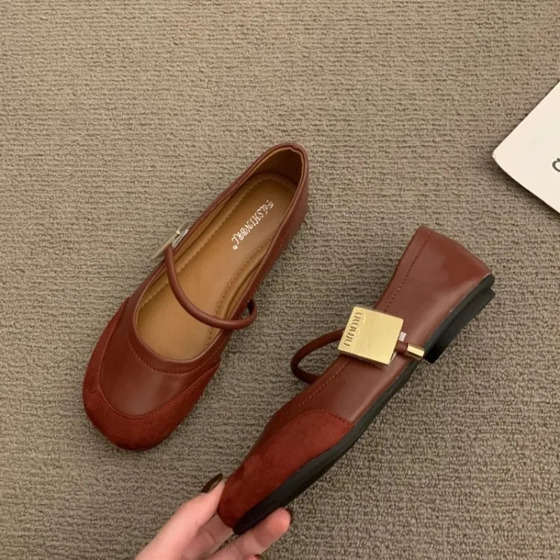 Leather Shallow Soft Sole Casual Mary Jane Shoes French Metal Buckle Flat Shoes