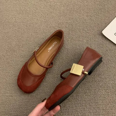 Leather Shallow Soft Sole Casual Mary Jane Shoes French Metal Buckle Flat Shoes