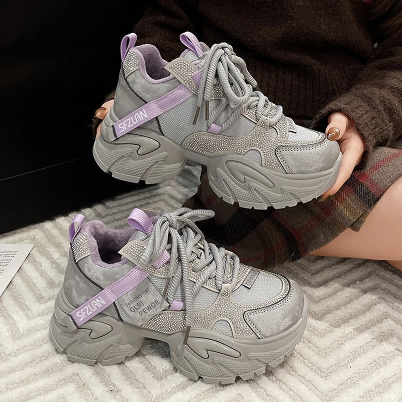 Crystal Chunky Sneakers Comfortable Lace Up Platform Dad Shoes Woman Breathable Mesh Running Sneakers