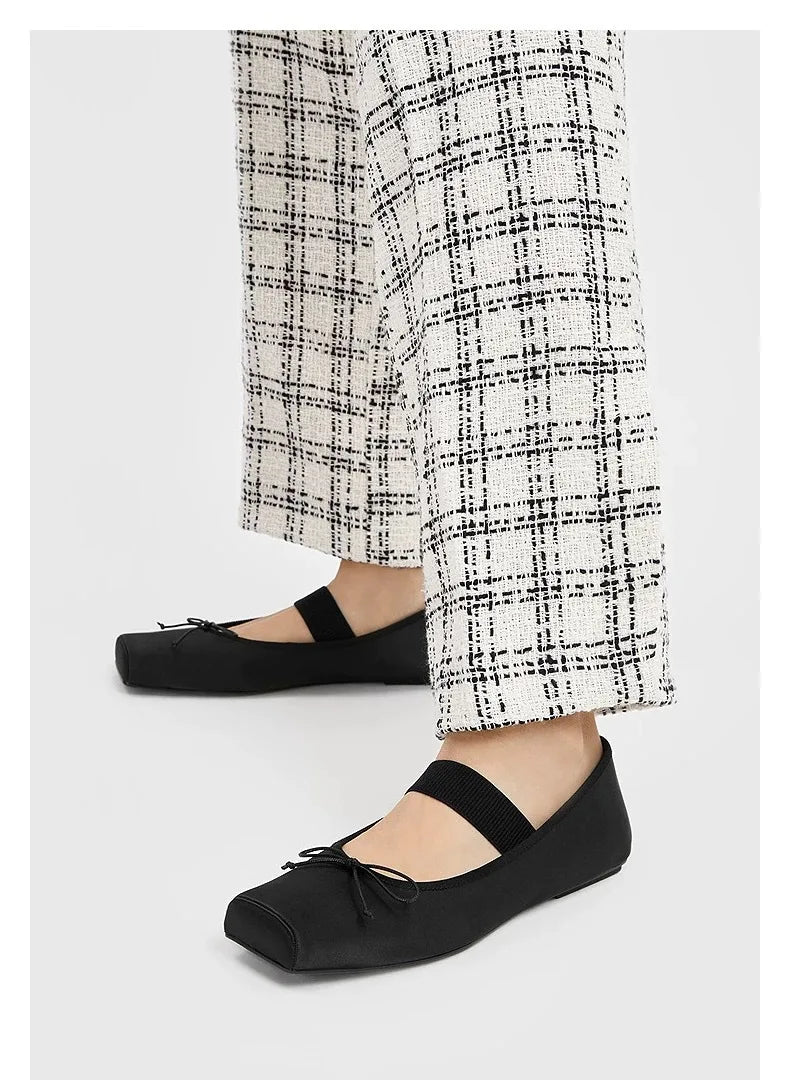 sweet pink silk flat shoes woman square toe bowtie ballet flats silver leather mary janes shoes elastic band moccasions