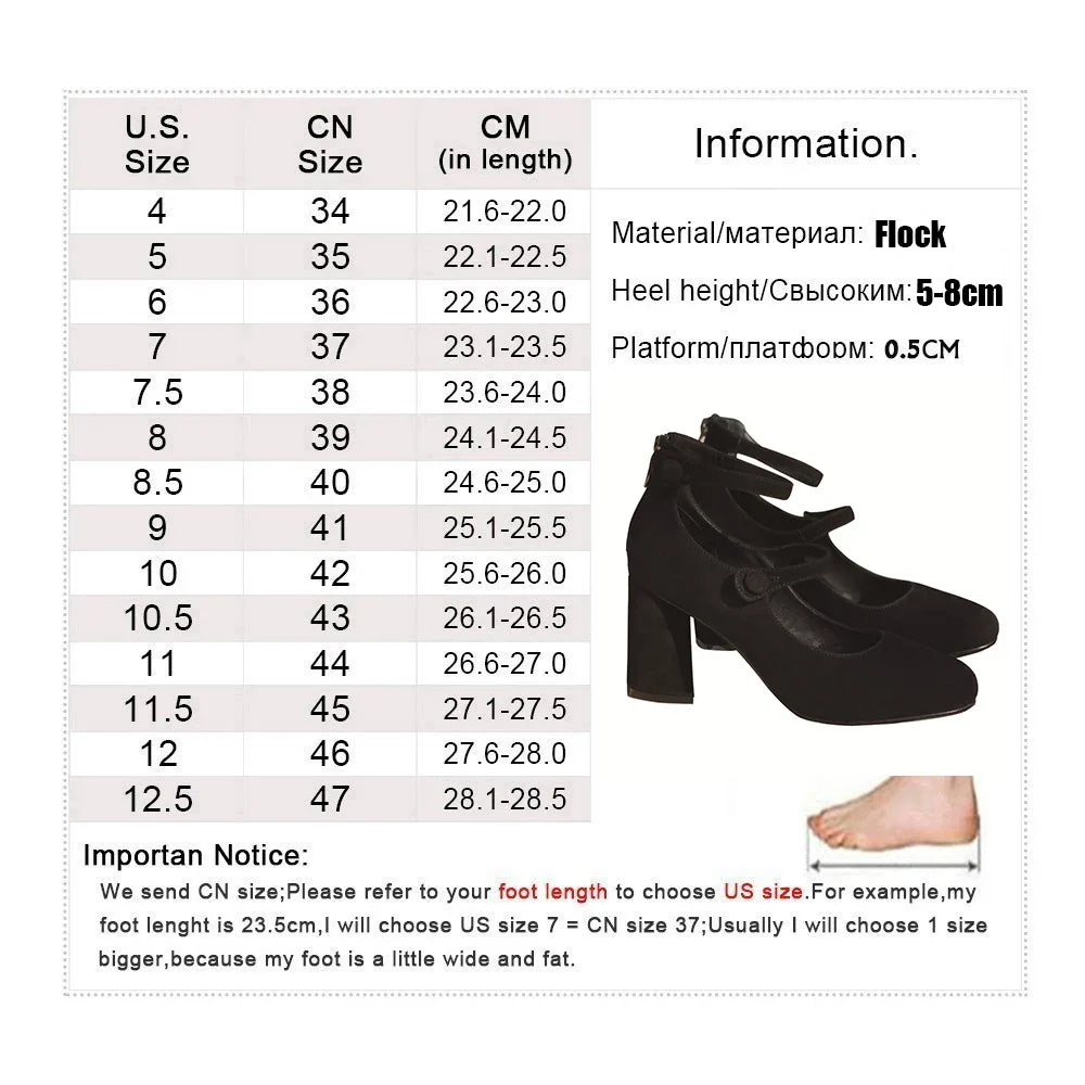 Black Suede Mary Janes Shoes Chunky Heel High Heels Round Toe Pumps Party Zapatos De Mujer