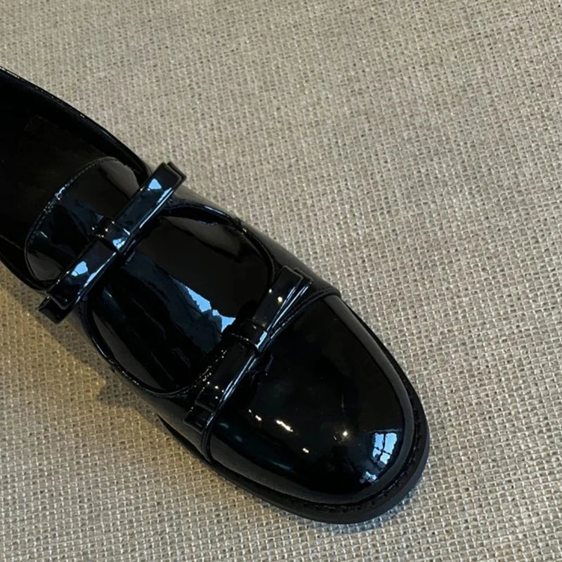 Preppy Double Bowtie Oxfords Woman Low Heels Flats Shiny Small Leather Shoes College Girls Sneakers Femmes Derby Loafers