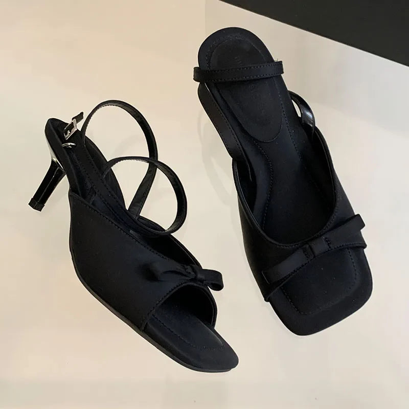 Black Footwear Thin Heels Shoes Butterfly-Knot Shallow Heels Shoes Sandals
