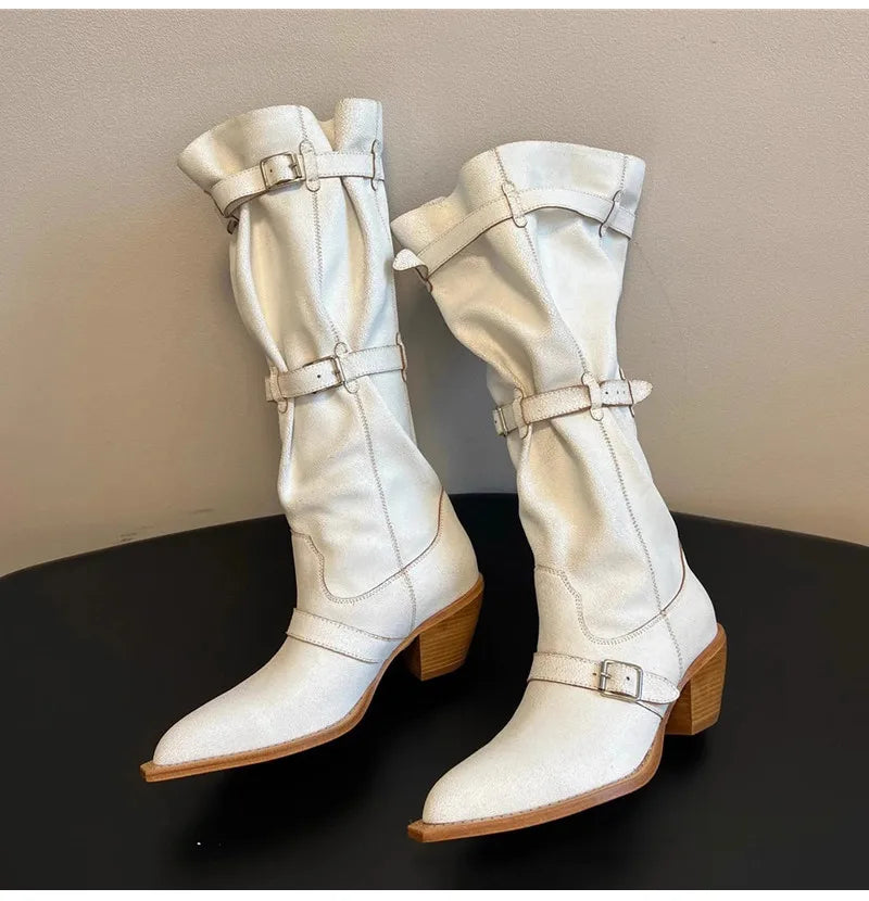 Vintage Pleated Belt Buckle Faux Suede Knee High Boots High heels Western Cowboy Knight Boots Shoes