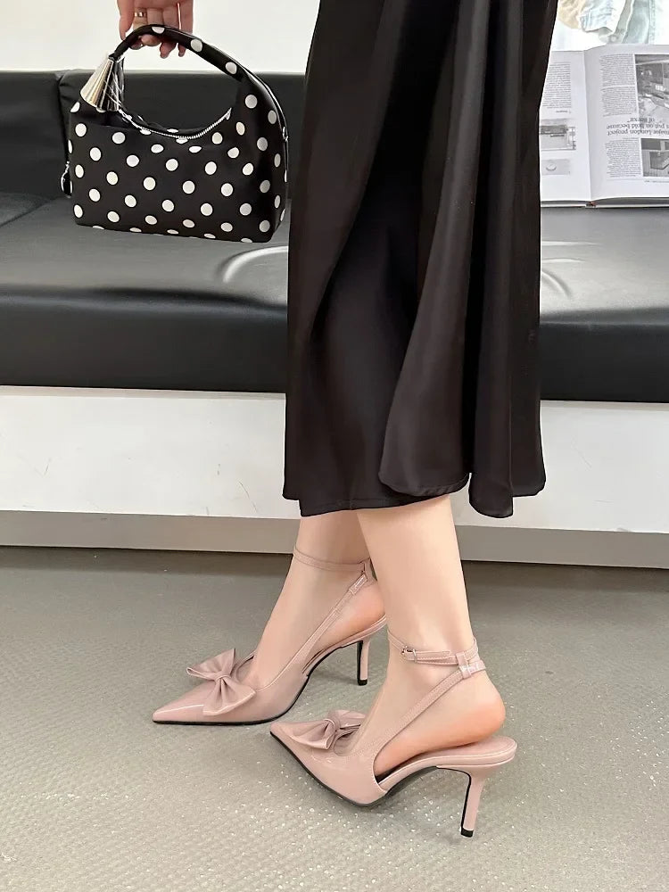 Design Butterfly-knot Woman Pumps Sandals Slingbacks Pointed Toe Ankle Buckle Strap Thin Low Heels Mules Shoes