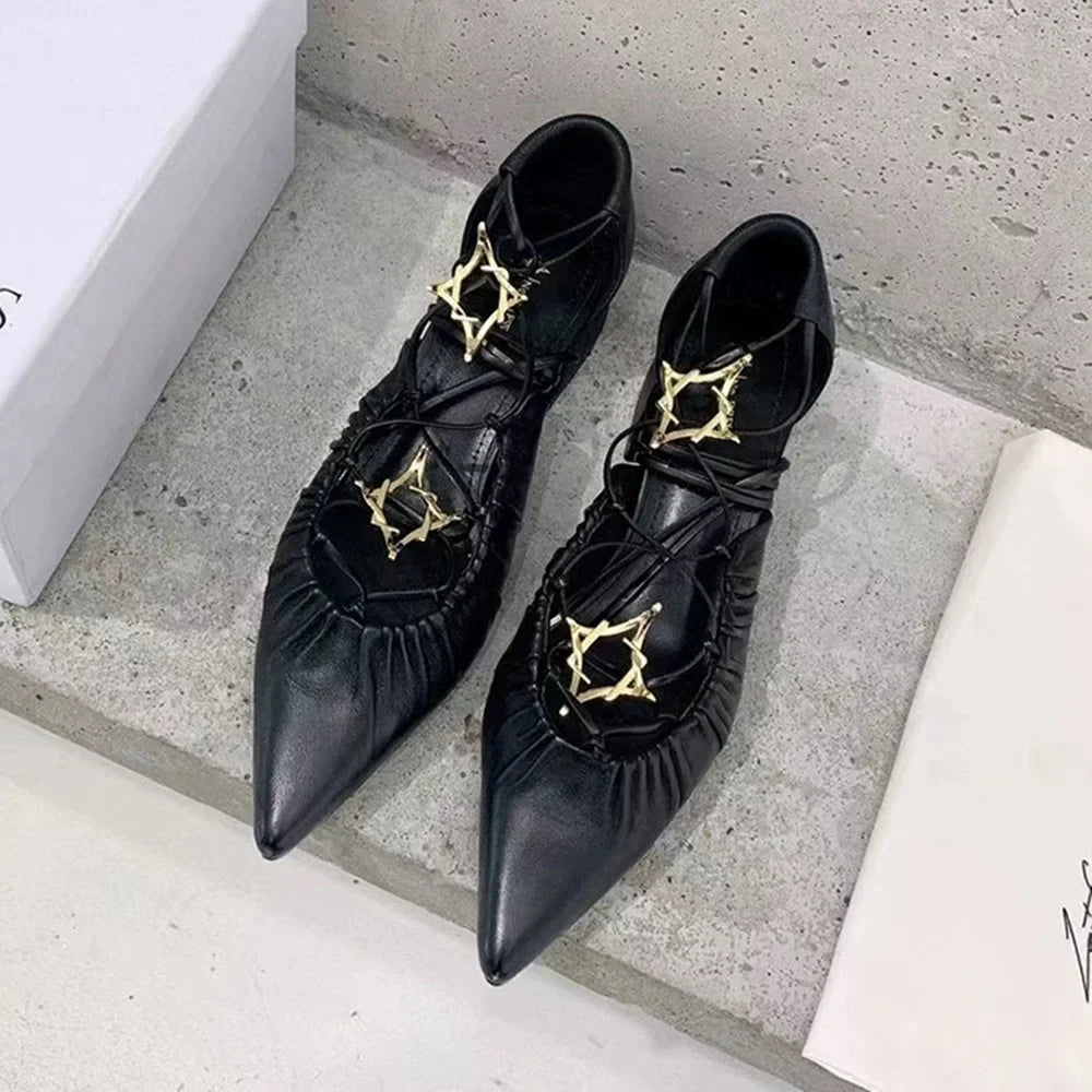 Cross Straps Sandals Pointed Toe Gold Star Detail Mixed Color Low Block Heels Ankle Lace Up Rubber