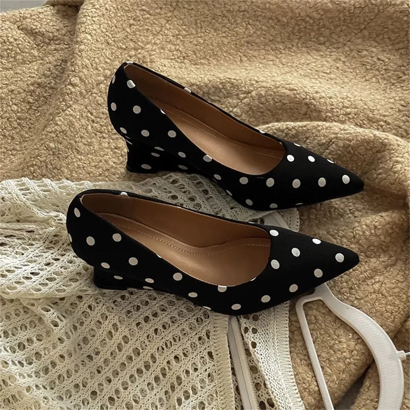 Wedges Heel Mary Jane Shoes Concise Shallow Slip On Shoes Elegant Pointed Toe Dress Polka Dot Pumps
