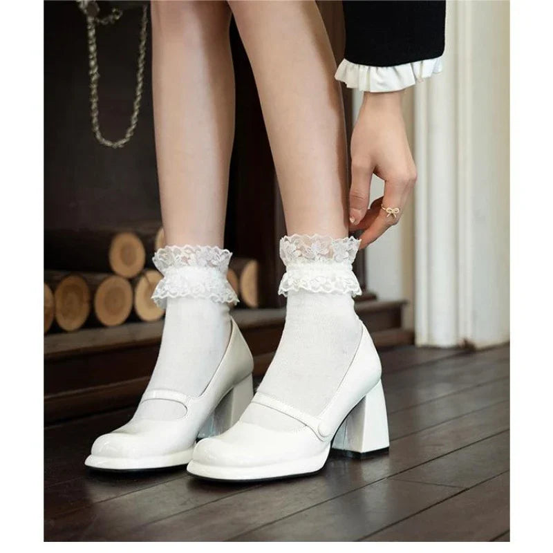 Shoes Retro Square Toe Hollow Out Waterproof Platform Shoes