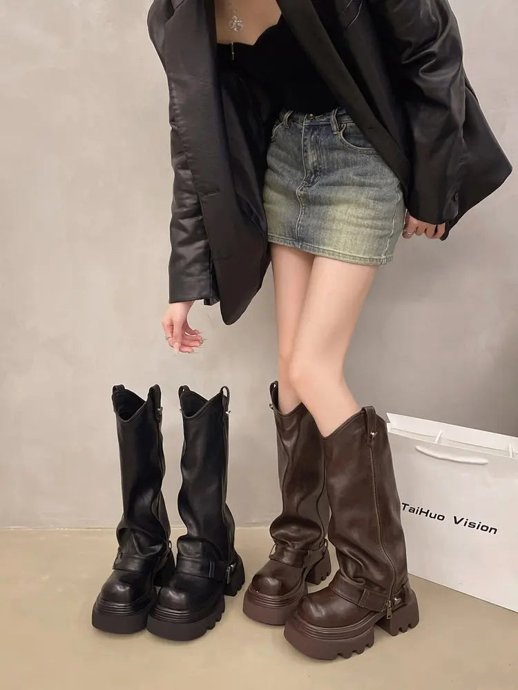 Knee High Boots Western Round Toe Long Boots Western Shoes Chunky Heel Platform
